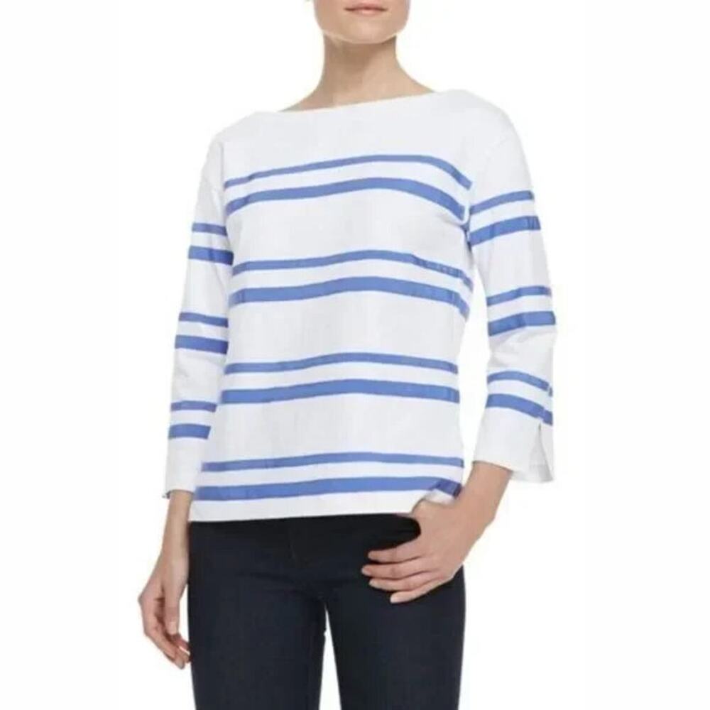Tory Burch Kendall Blouse White Cotton Boatneck Blue Grosgrain Ribbon Stripe S